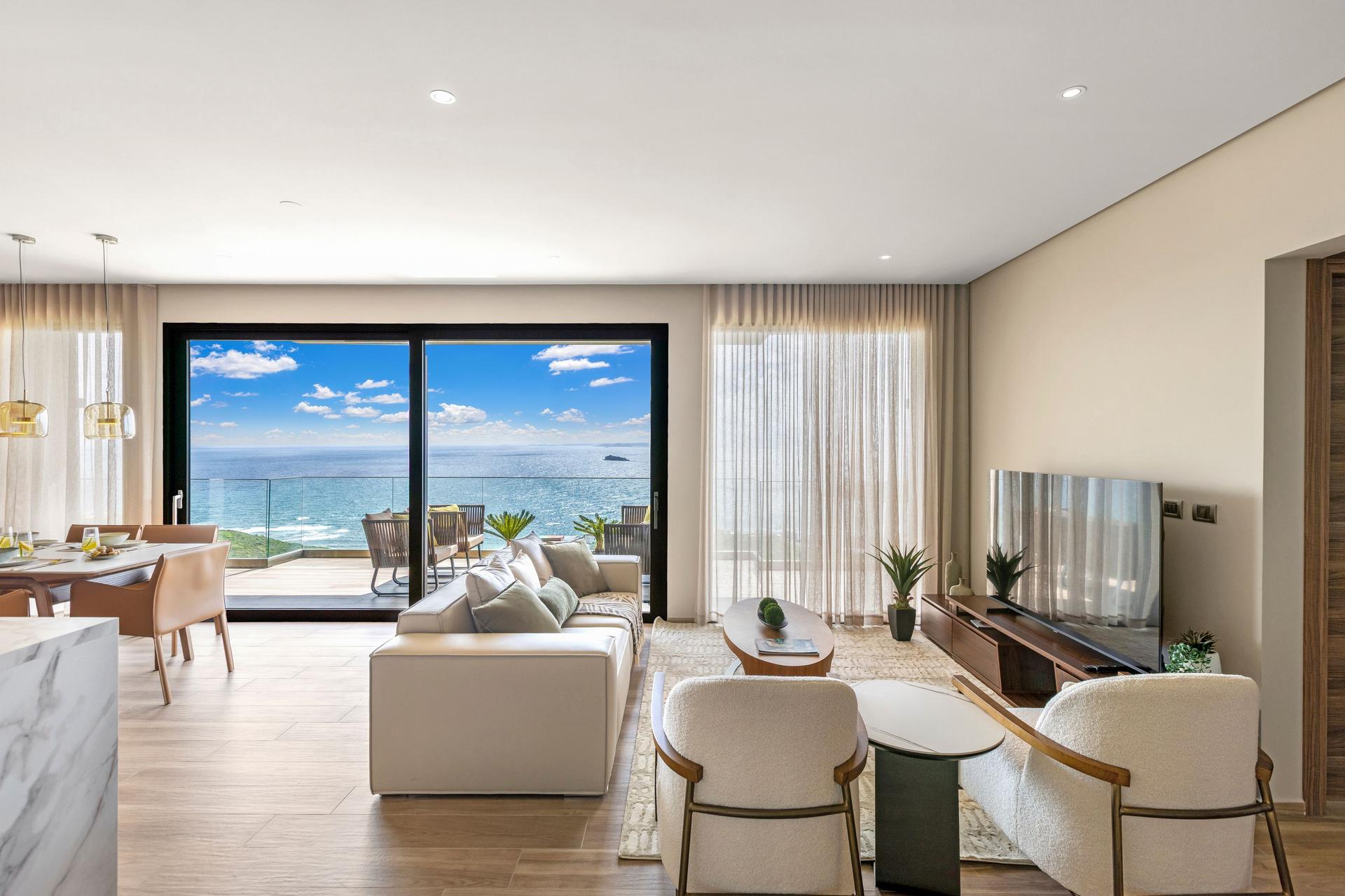 Panoramic Ocean-View Contemporary Apartment with Calacatta Marble Waterfall Island & Glass-Walled Terrace